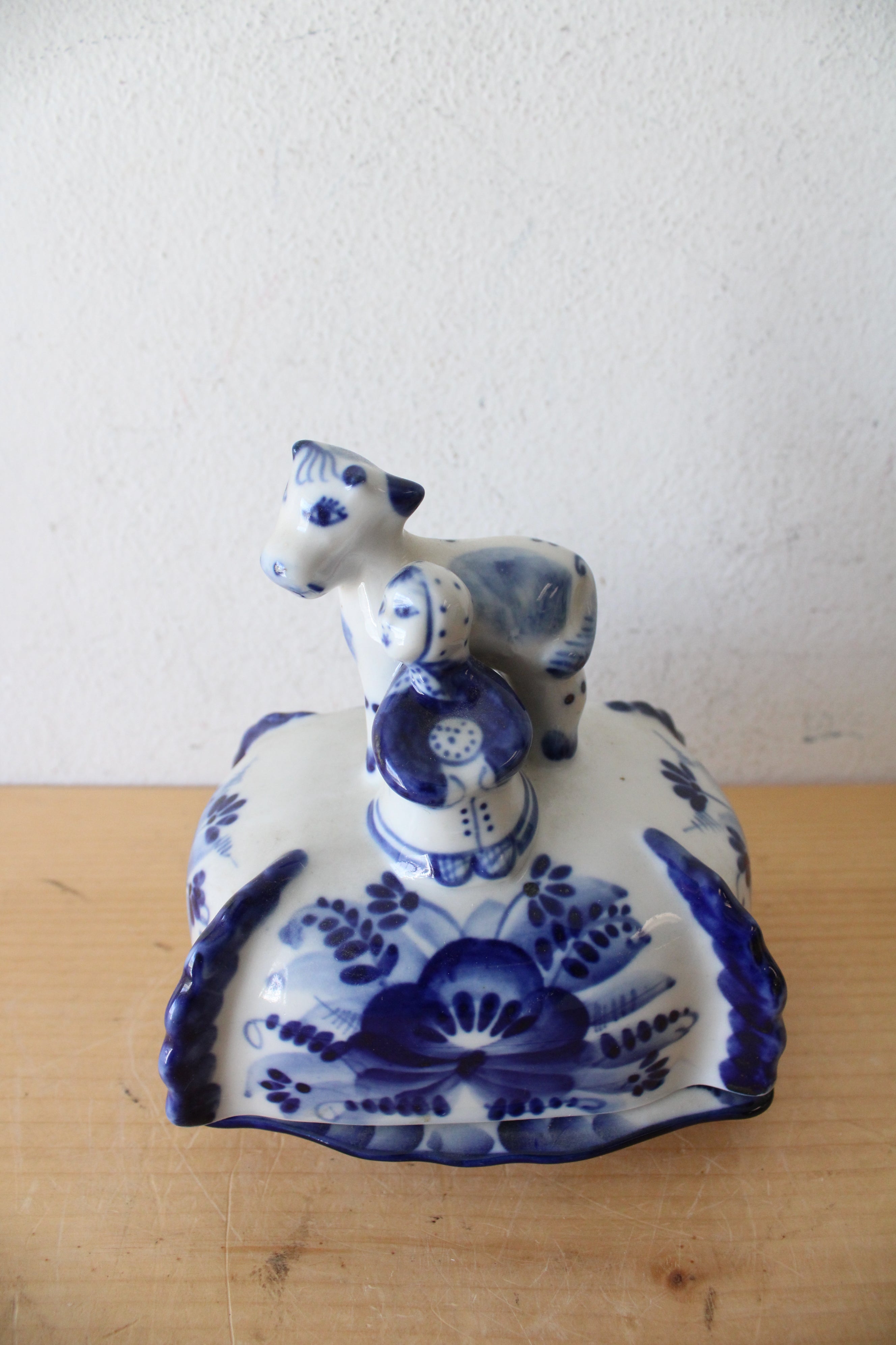 Vintage Russian Gzhel Blue & White Calf & Girl Butter Dish
