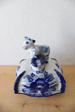 Vintage Russian Gzhel Blue & White Calf & Girl Butter Dish