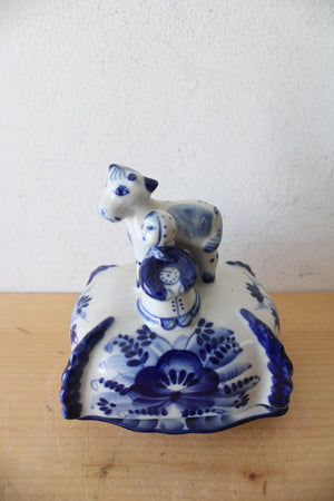 Vintage Russian Gzhel Blue & White Calf & Girl Butter Dish