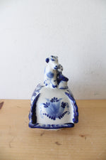 Vintage Russian Gzhel Blue & White Calf & Girl Butter Dish