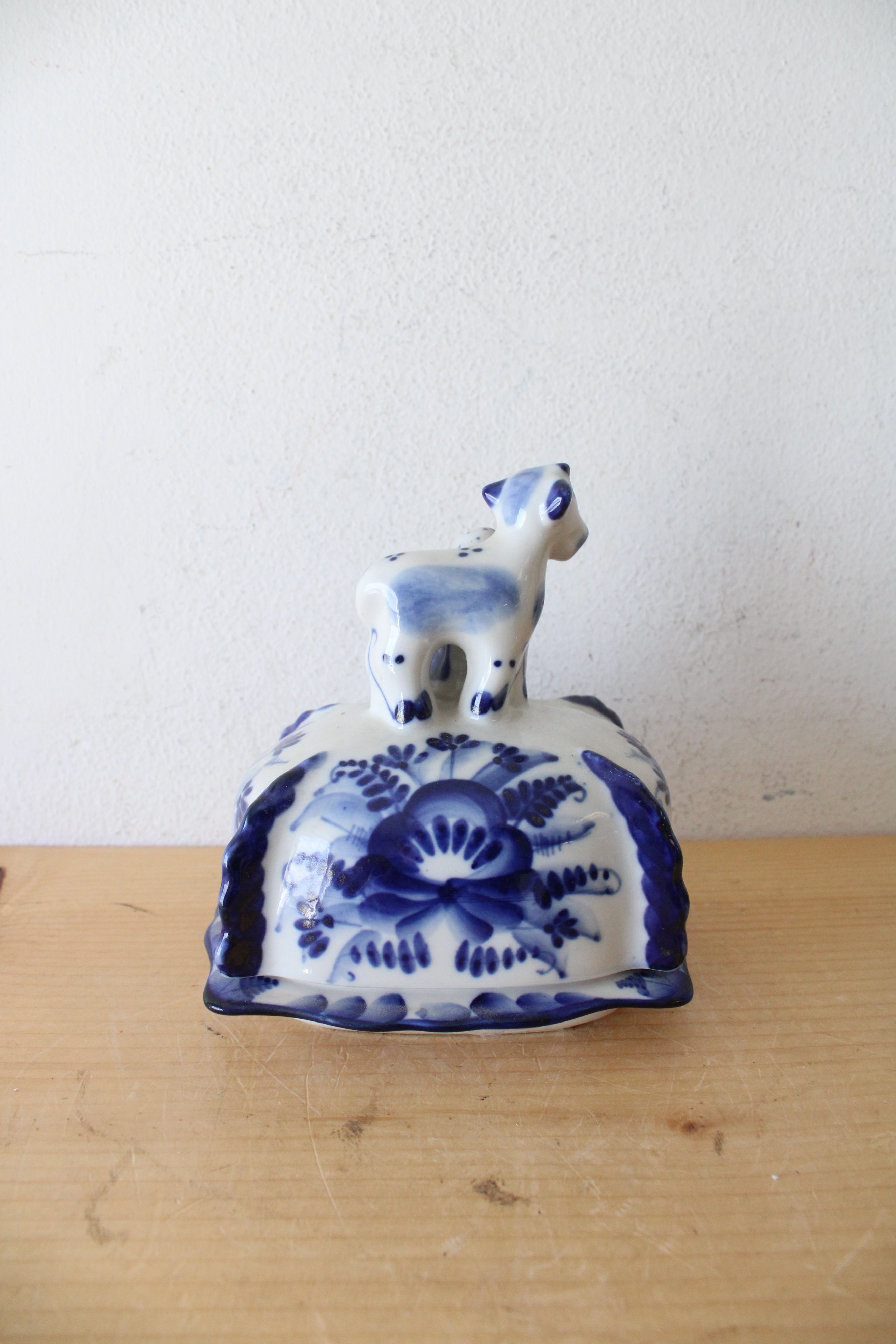 Vintage Russian Gzhel Blue & White Calf & Girl Butter Dish