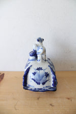 Vintage Russian Gzhel Blue & White Calf & Girl Butter Dish