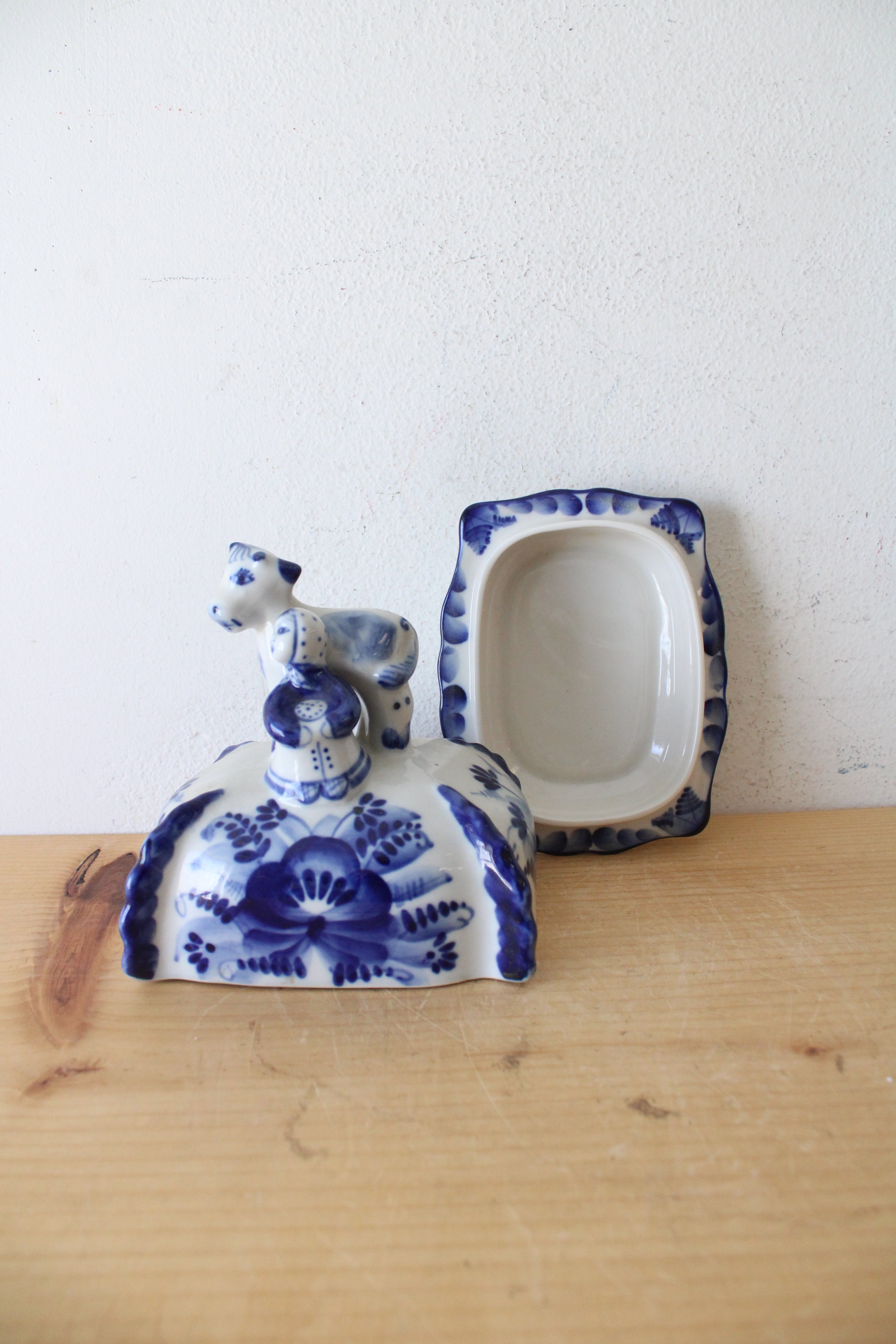 Vintage Russian Gzhel Blue & White Calf & Girl Butter Dish