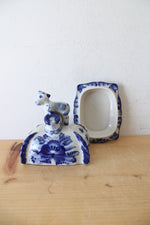 Vintage Russian Gzhel Blue & White Calf & Girl Butter Dish