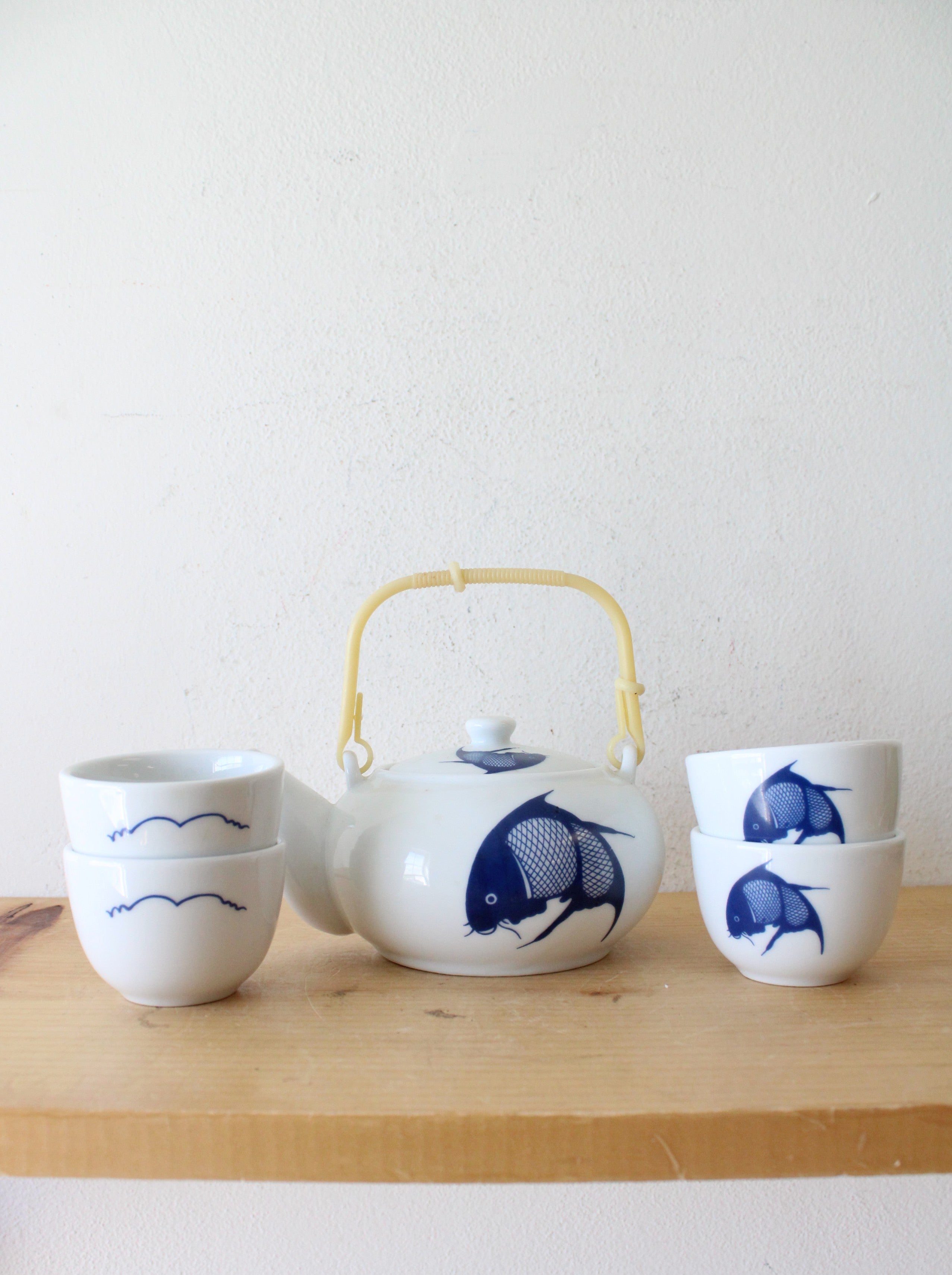 Vintage Chinese Koi Fish Blue & White Porcelain Tea Set