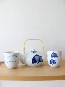 Vintage Chinese Koi Fish Blue & White Porcelain Tea Set