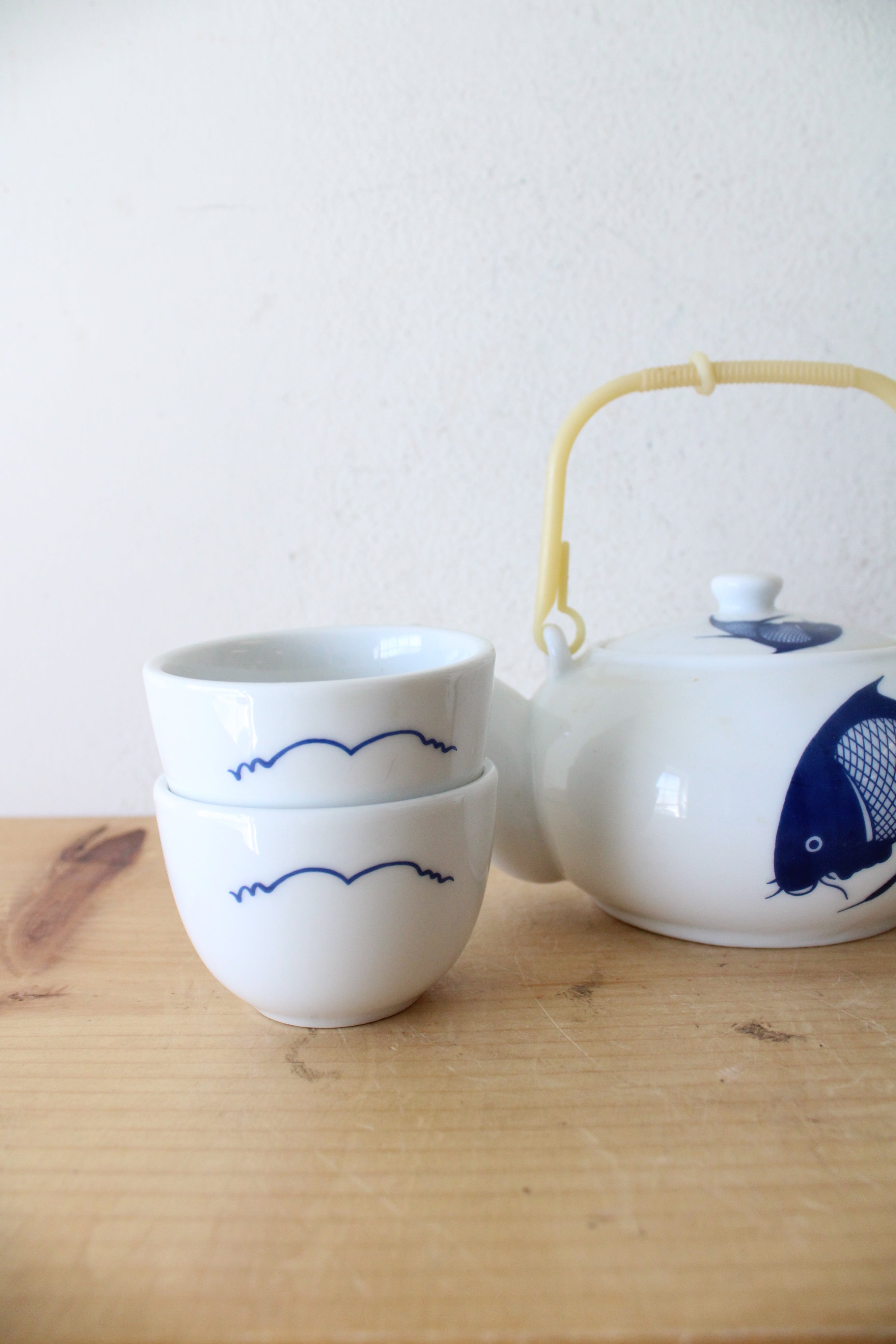 Vintage Chinese Koi Fish Blue & White Porcelain Tea Set