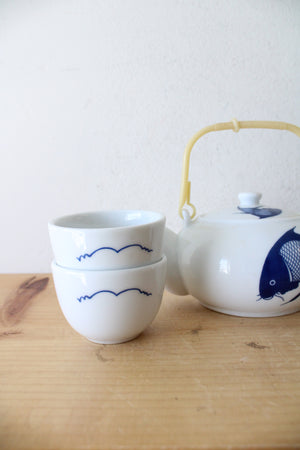 Vintage Chinese Koi Fish Blue & White Porcelain Tea Set
