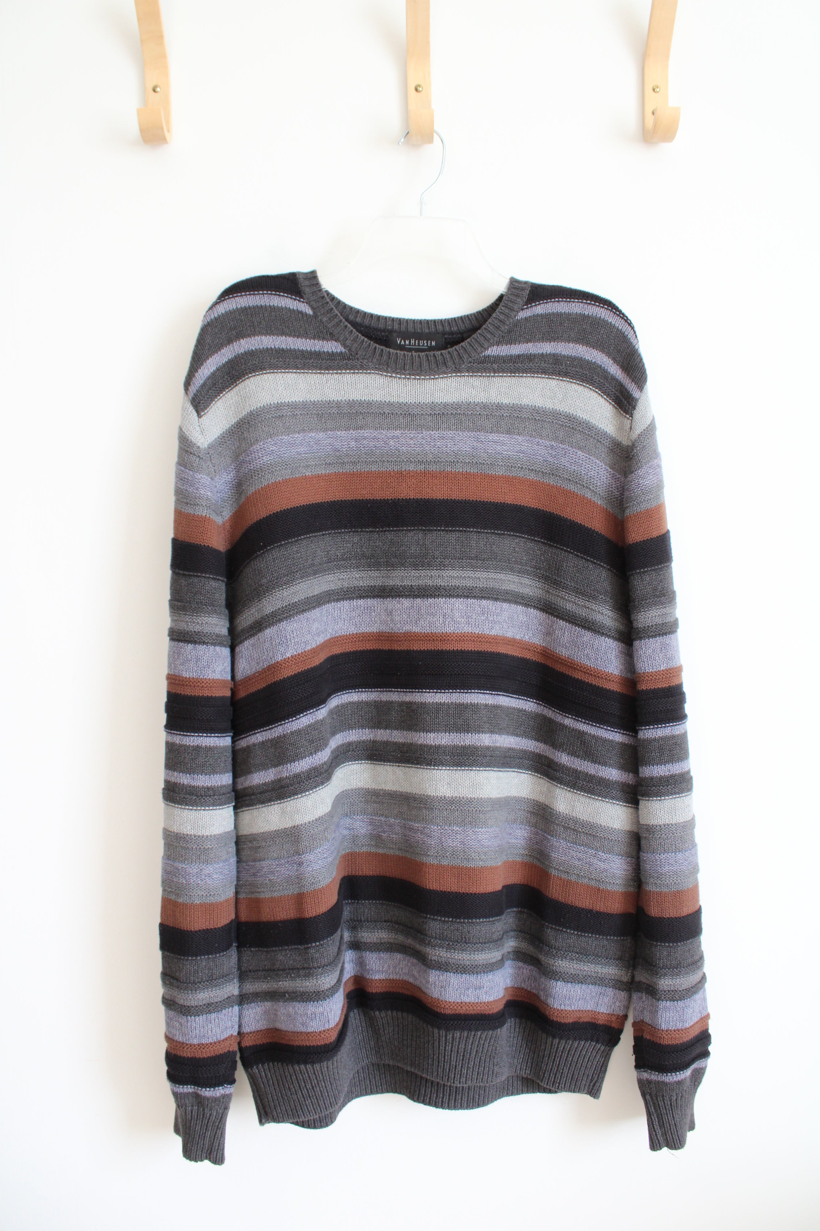 Van Heusen Gray Black Blue & Brown Striped Sweater | L