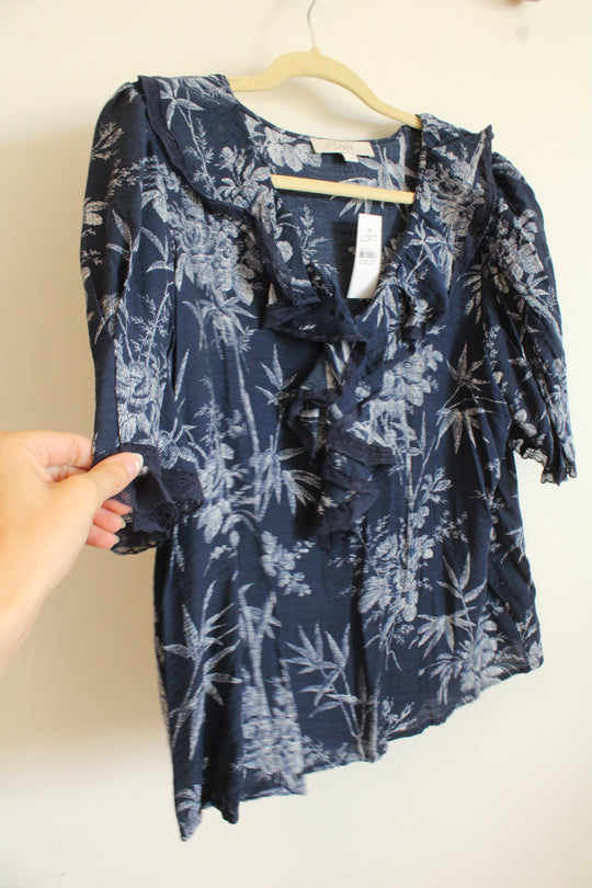 NEW LOFT Navy Blue Tropical Print Blouse | L