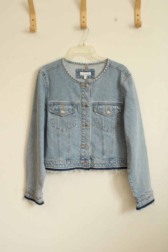 Loft Cropped Denim Jacket with Unraveled Hem | L