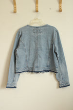 Loft Cropped Denim Jacket with Unraveled Hem | L