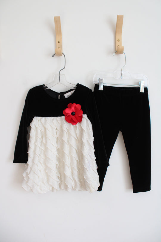 Rare Editions Cream Glitter Ruffled & Black Velvet Dress & Pants Set | 24 MO