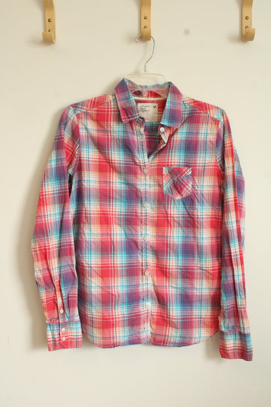 American Eagle Coral and Blue Plaid Button Down Shirt | 8