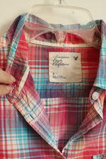 American Eagle Coral and Blue Plaid Button Down Shirt | 8