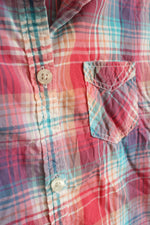 American Eagle Coral and Blue Plaid Button Down Shirt | 8