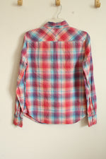 American Eagle Coral and Blue Plaid Button Down Shirt | 8