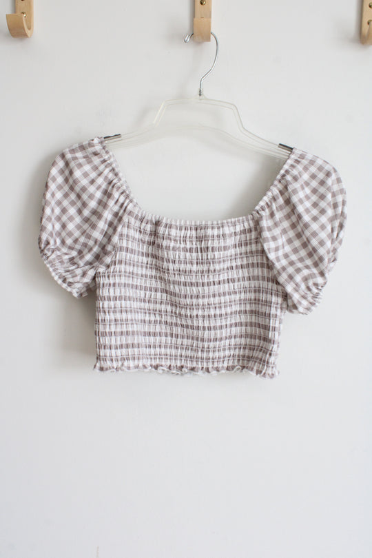 NEW Caution To The Wind Brown Gingham Smocked Crop Top | M
