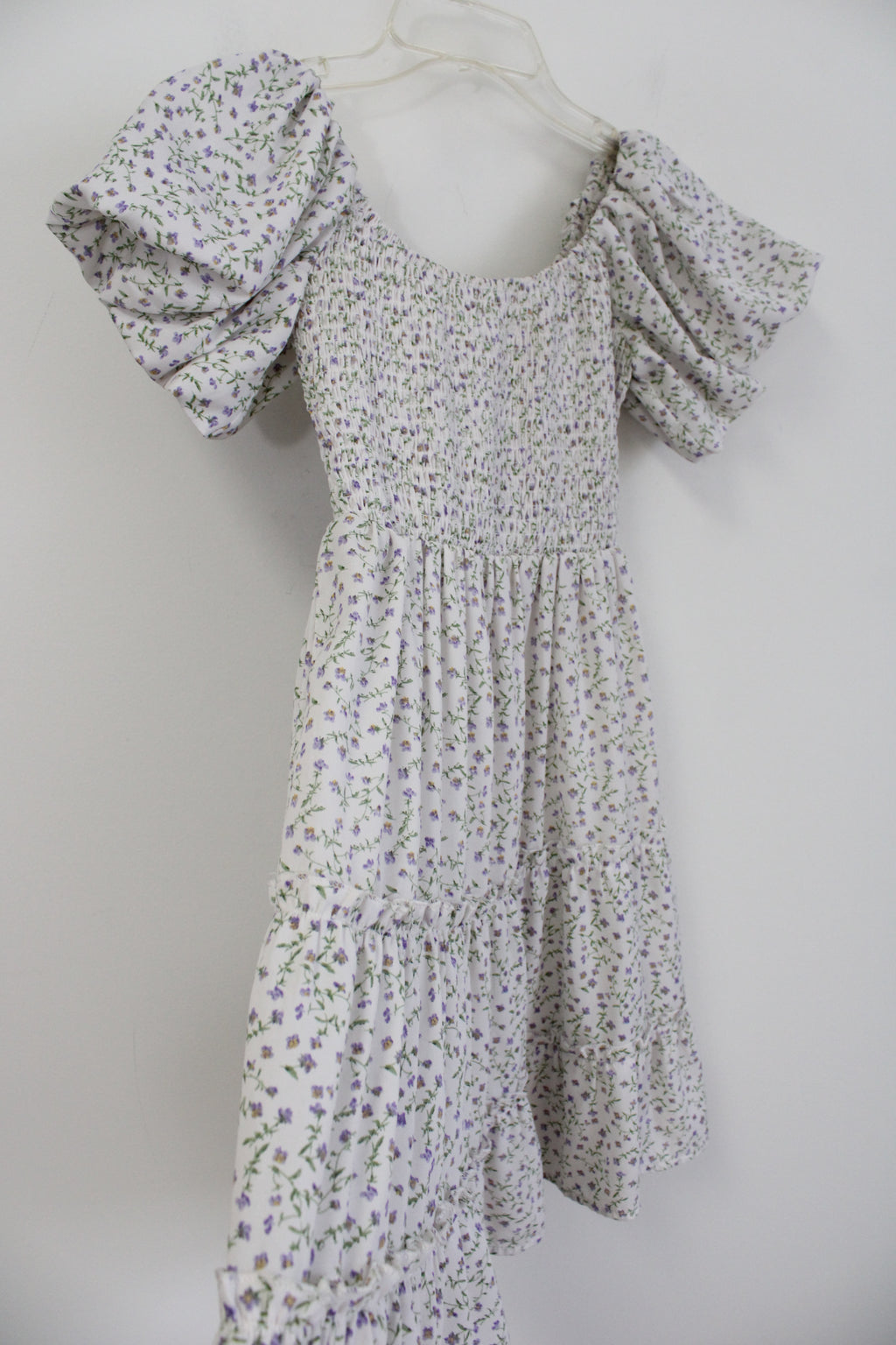 White & Purple Floral Tiered Chiffon Smocked Dress | M
