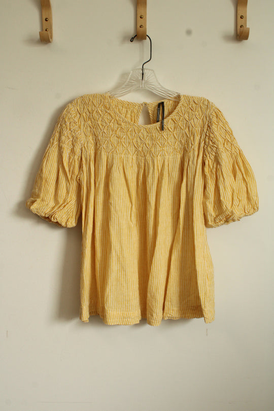 Anthropologie Yellow and White Linen Blend Striped Ruffle Sleeve Top | S