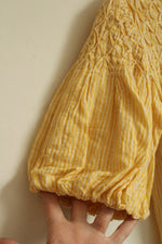Anthropologie Yellow and White Linen Blend Striped Ruffle Sleeve Top | S