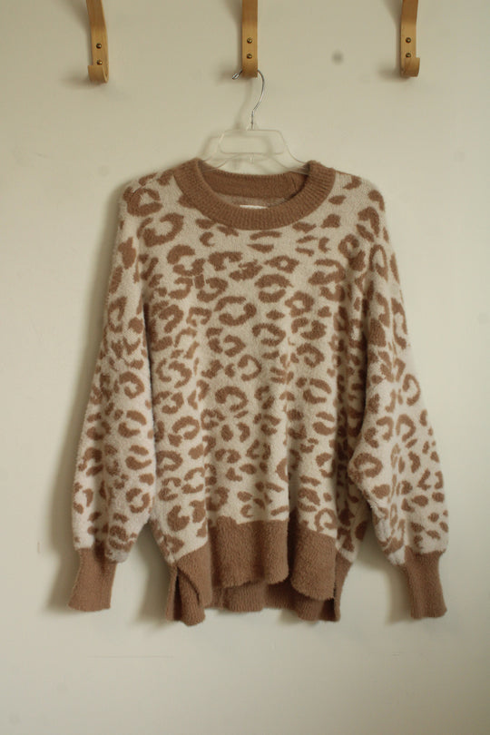 Aerie White and Tan Cheetah Fuzzy Sweater | M