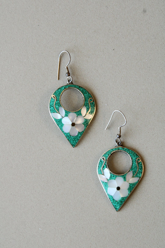 Alpaca Silver Mexico Crushed Turquoise Mother Of Pearl Earrings