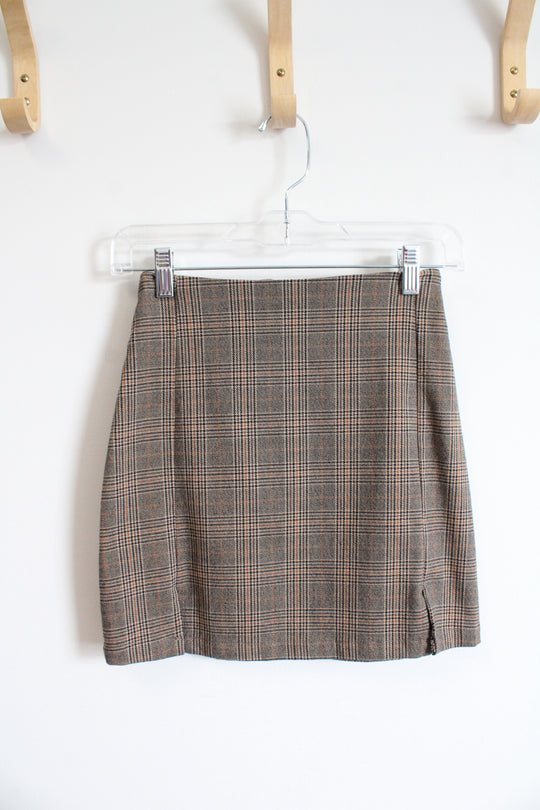 John Galt Brown Houndstooth Plaid Mini Skirt | XS
