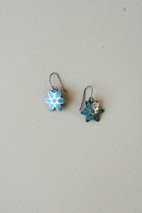 Crushed Turquoise Sterling Silver Flower Dangle Earrings