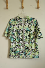 Chico's Tropical Green Cheetah Print SS Front Zip Jacket
