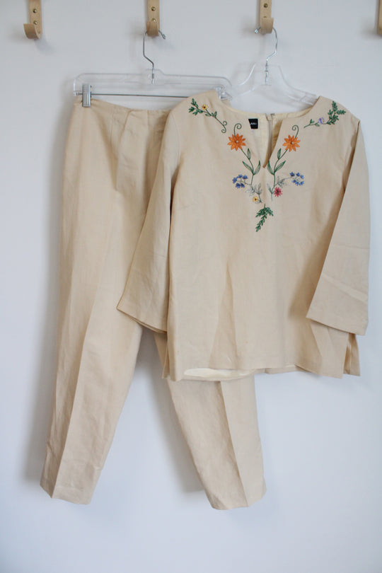 Donna Morgan Pale Yellow Embroidered Linen Top & Pants Set | 8