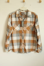 NEW Natural Reflections Tan and Gray Plaid Flannel Button Down Top | L