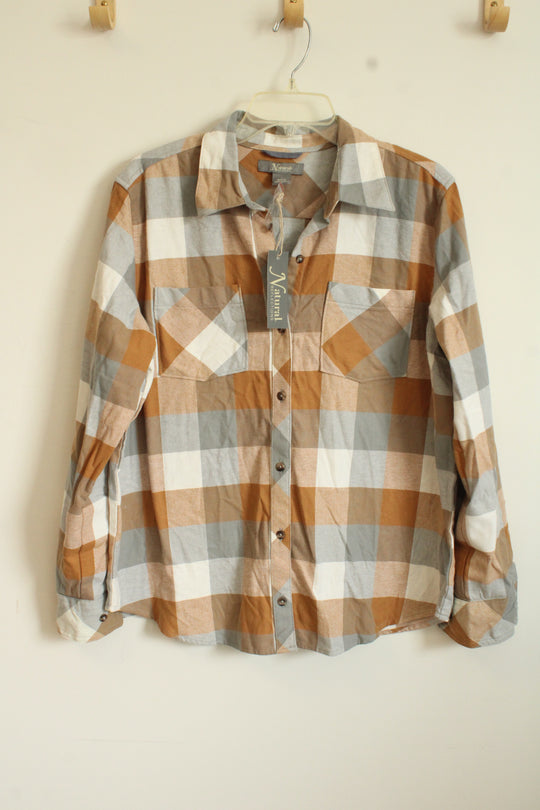 NEW Natural Reflections Tan and Gray Plaid Flannel Button Down Top | L