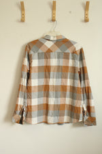 NEW Natural Reflections Tan and Gray Plaid Flannel Button Down Top | L