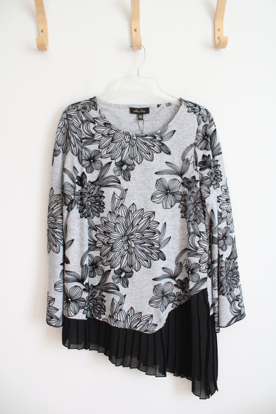 NEW Melissa Page Black & Gray Floral Pleated Hem Top | L