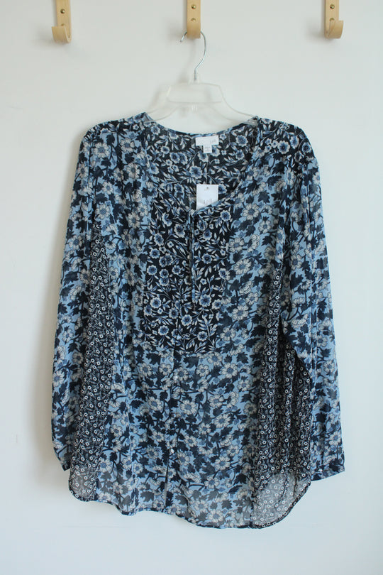 NEW J. Jill Navy Blue Floral Semi-Sheer Long Sleeve Blouse | 3X
