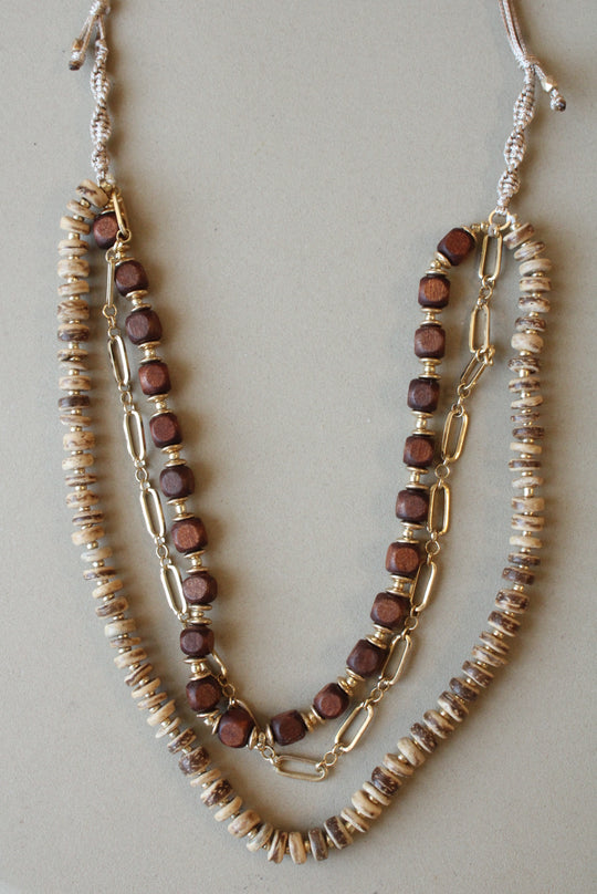 Boho Style Wooden Beaded Layered Necklace