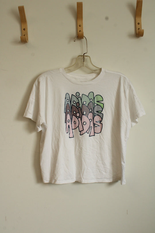 Adidas White Cropped Tee with Glitter Logo | L
