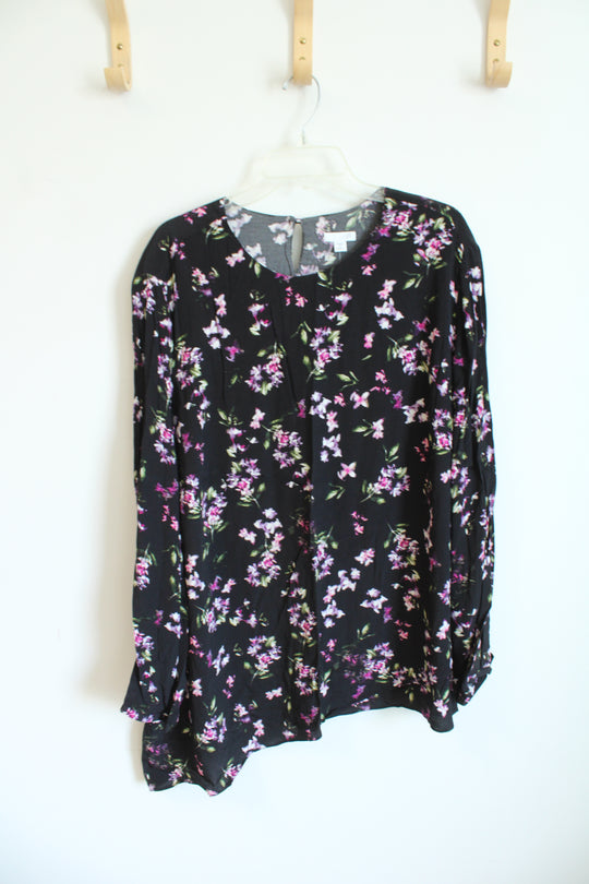 NEW J.Jill Asymmetrical Hem Layover Black Pink Floral Blouse | 3X