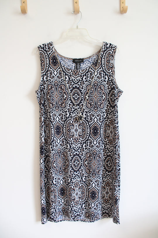 R&M Richards Navy Tan & White Patterned Textured Dress W/ Necklace | 12