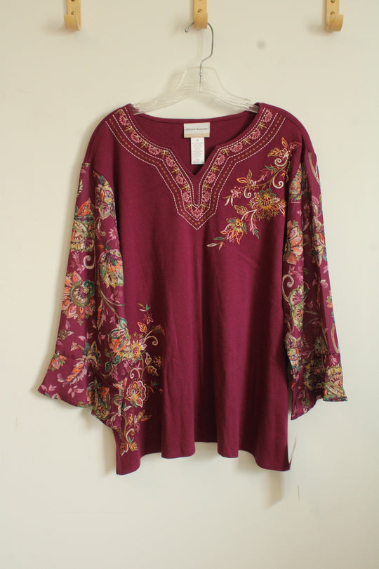 New Alfred Dunner Wine Foral 3Q Sleeve Tunic | 2XL