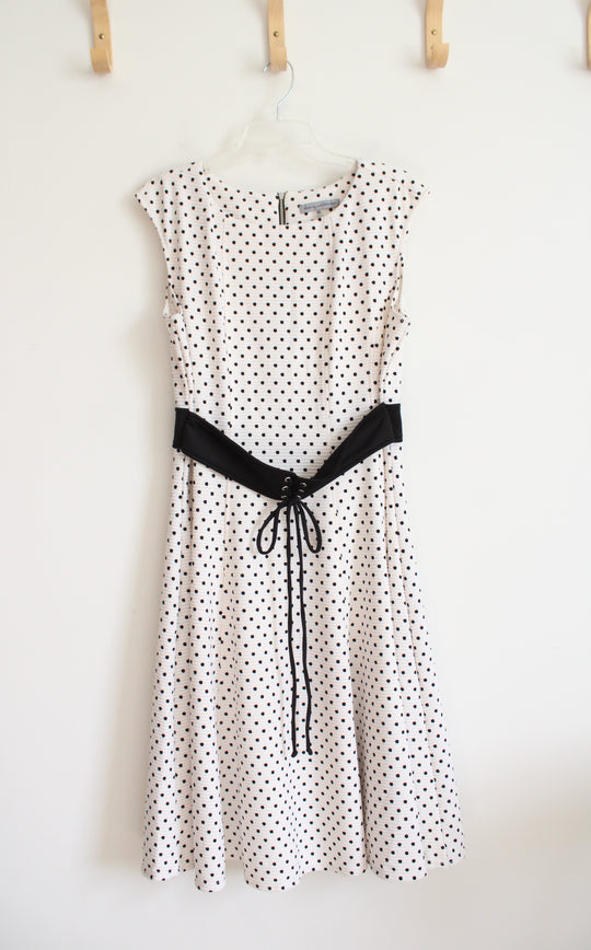 NEW Danny & Nicole White & Black Polka Dot Belted Flare Dress | 14