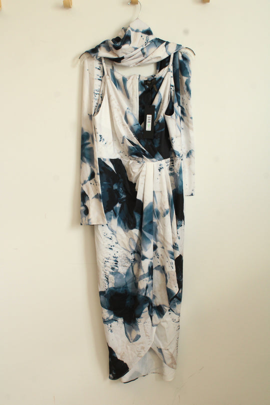 NEW Donna Karan NY Blue Tan and White Floral Silky Dress with Cape | 8