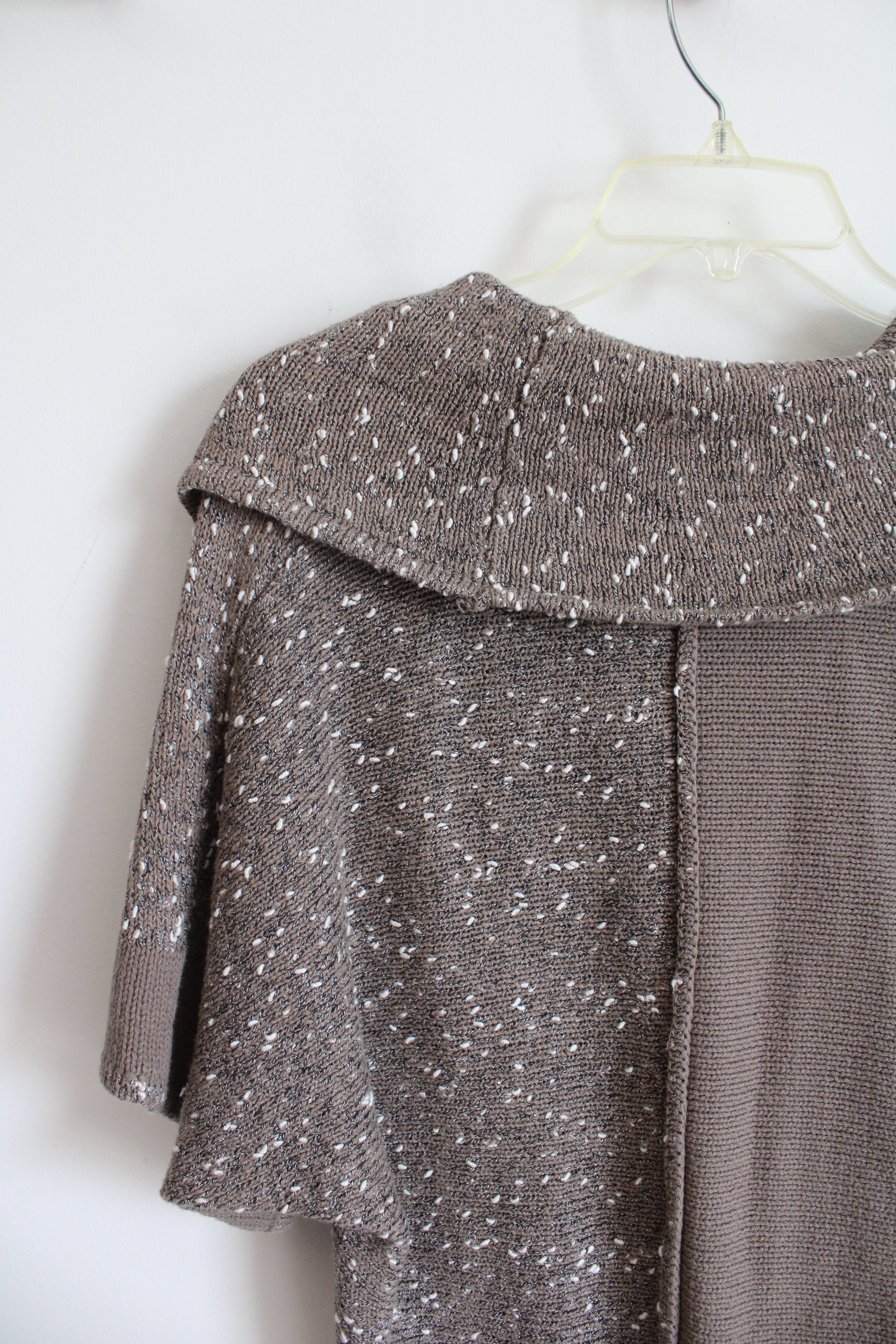 Brown & White Textured Swoop Neck Short Sleeved Sweater Top | S Petite