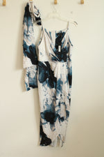 NEW Donna Karan NY Blue Tan and White Floral Silky Dress with Cape | 8