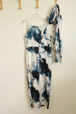 NEW Donna Karan NY Blue Tan and White Floral Silky Dress with Cape | 8