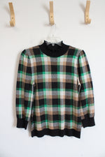 Ann Taylor Black Green & Tan Plaid Ruffled Mock Neck Sweater | M