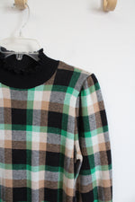 Ann Taylor Black Green & Tan Plaid Ruffled Mock Neck Sweater | M