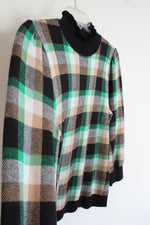 Ann Taylor Black Green & Tan Plaid Ruffled Mock Neck Sweater | M