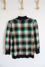 Ann Taylor Black Green & Tan Plaid Ruffled Mock Neck Sweater | M